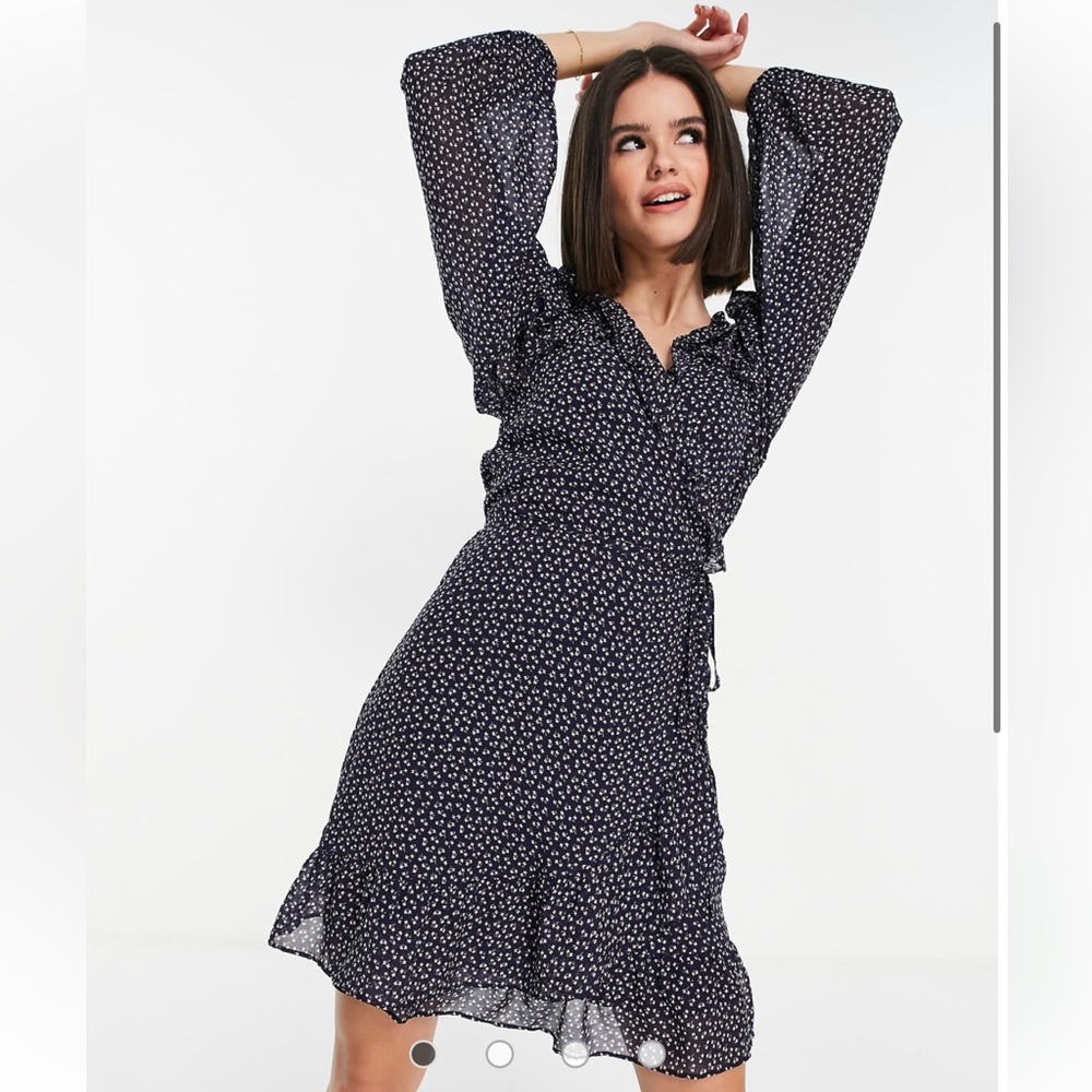 & Other Stories Women Navy Long-sleeve Floral Ruffle Wrap Mini Dress Boho Size 0